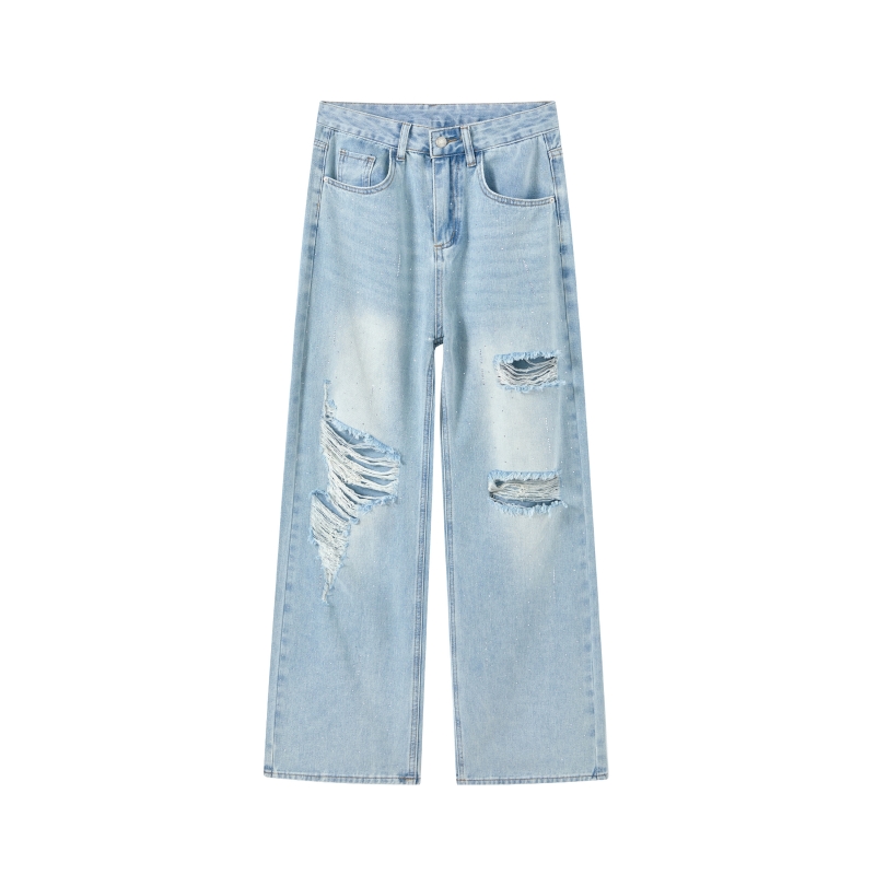 【77推荐】破洞牛仔裤高腰2025夏季薄款百搭重工烫钻显瘦长裤-7821