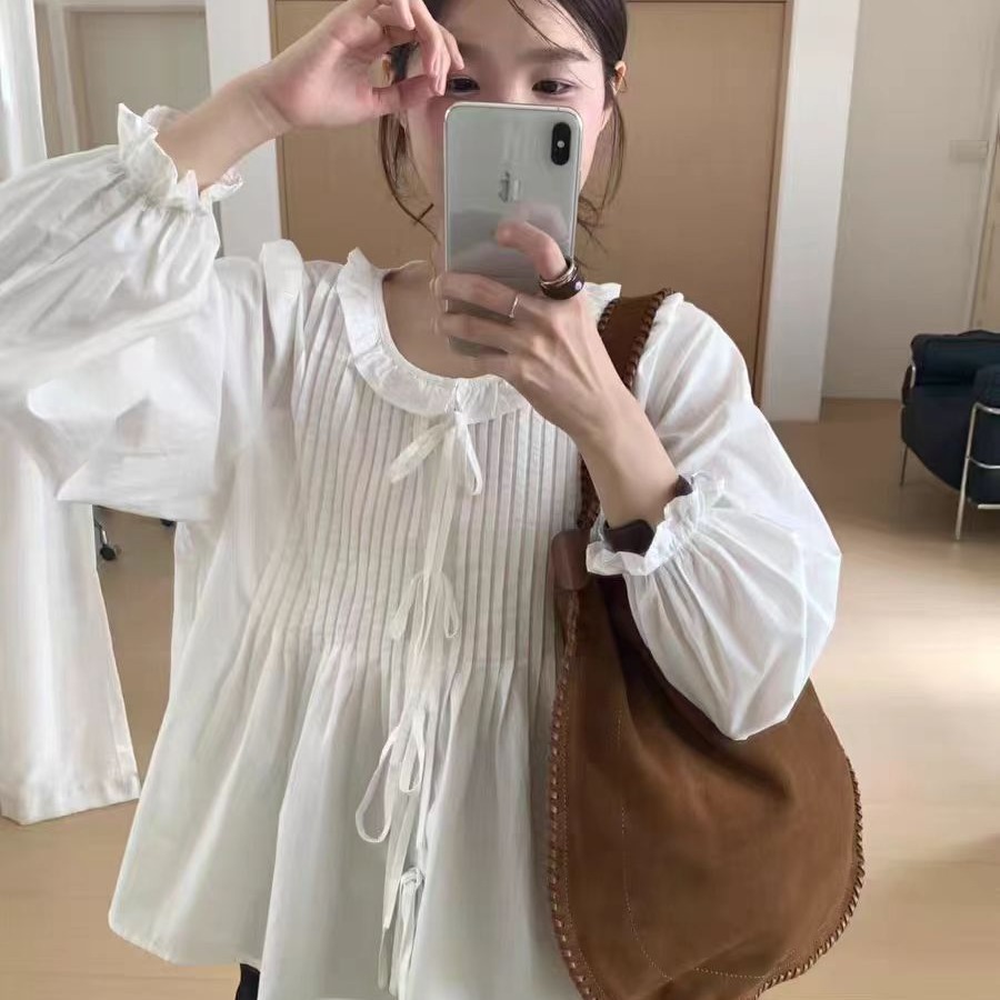 大码女装压褶荷叶边衬衫2025秋季新款韩系宽松显瘦别致上衣