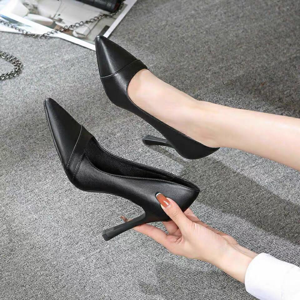 329 高跟鞋女细跟单鞋尖头面试工作鞋正装黑色不累脚中跟皮鞋