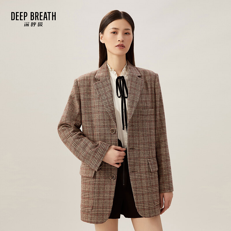 DEEP BREATH深呼吸女装新款复古格纹单排扣通勤西装外套8400071