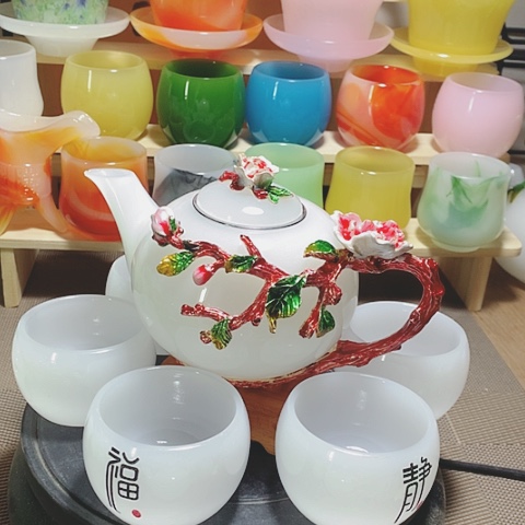 羊脂玉瓷琉璃中式花开富贵高档茶壶套装一壶六杯礼盒装