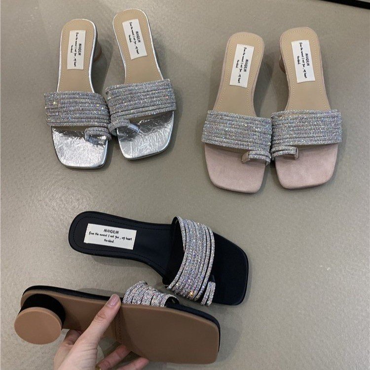 2025夏季新款休闲简约复古爆款一字水钻气质高级百搭方头一字拖