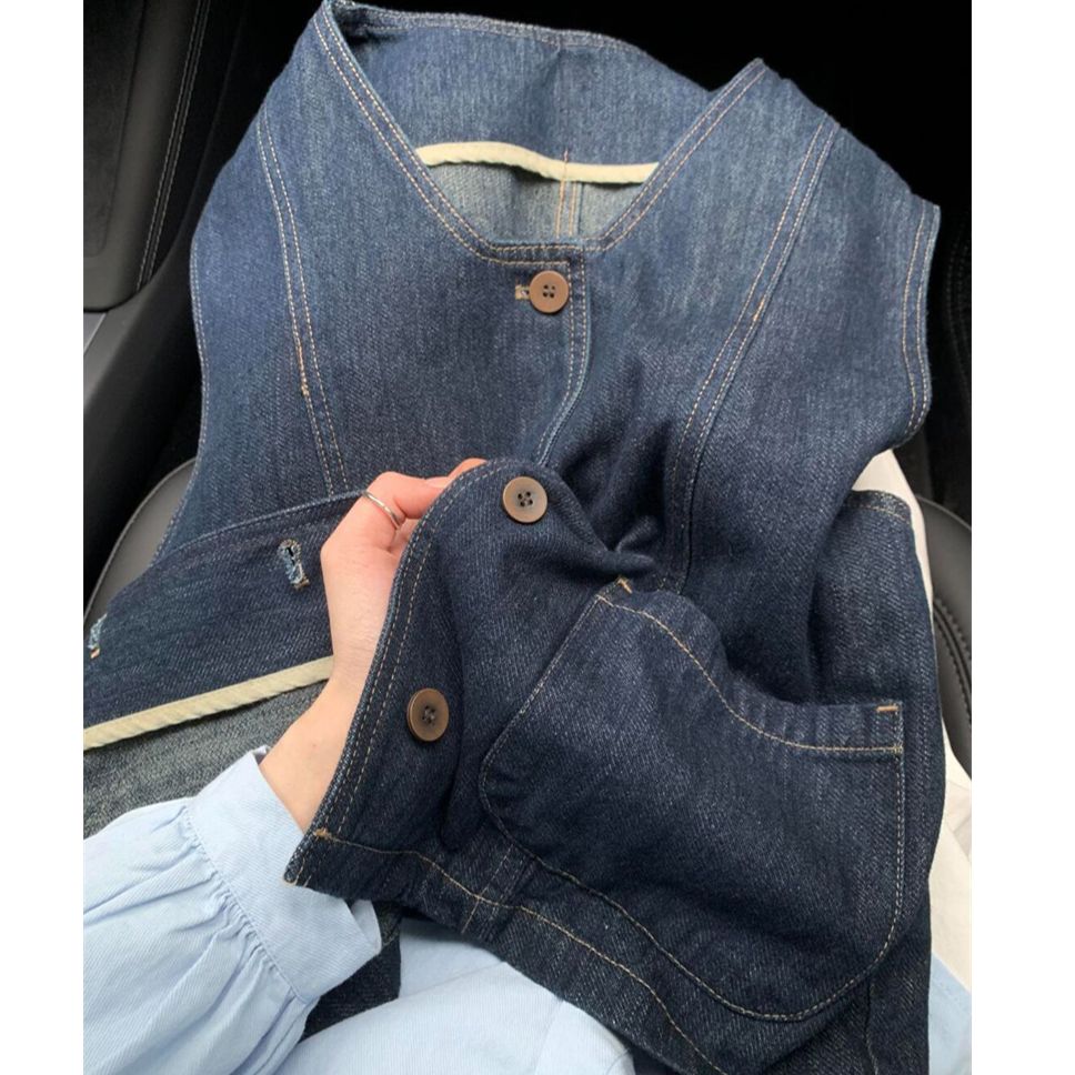 日系深蓝色牛仔马甲短外套春夏季新款韩版宽松显瘦无袖马夹上衣