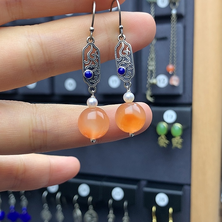 南红玛瑙耳饰银S925镶嵌