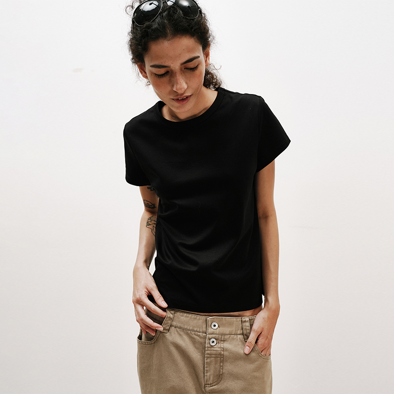 NUTH铜氨丝百搭基础正肩修身圆领短袖T恤女 黑色/白色