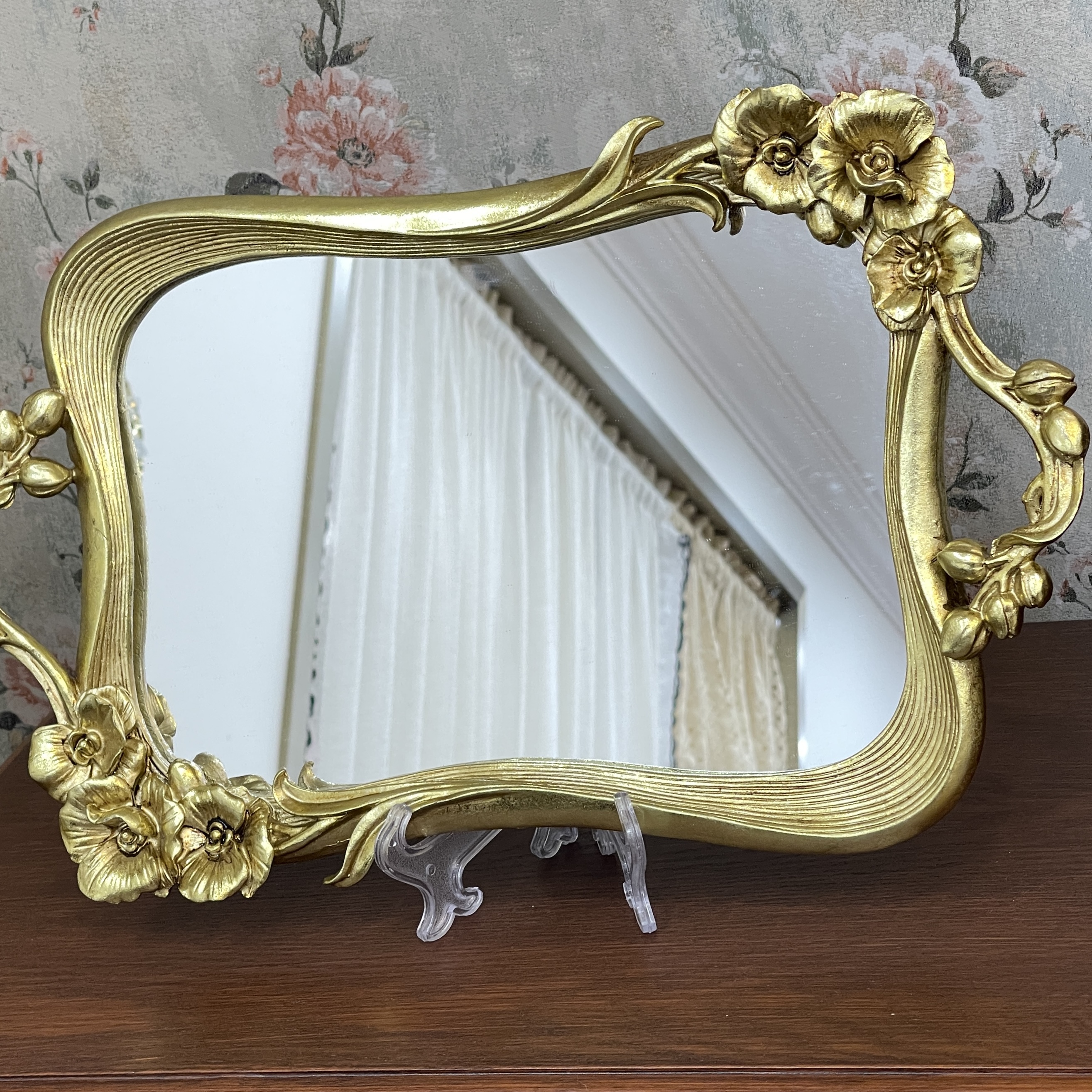 创意欧式轻奢镜子复古树脂浮雕化妆镜家用化妆品首饰展示盘金色