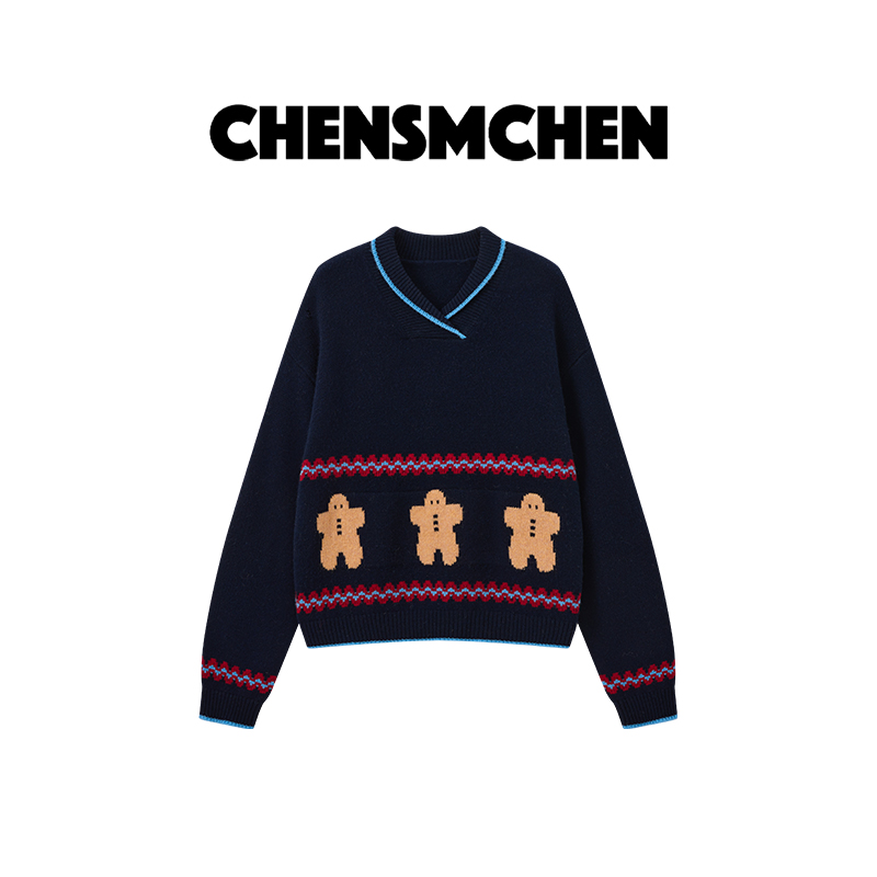 CHENSMCHEN【姜饼人】绵羊毛提花针织衫女宽松百搭上衣CSM12016MX