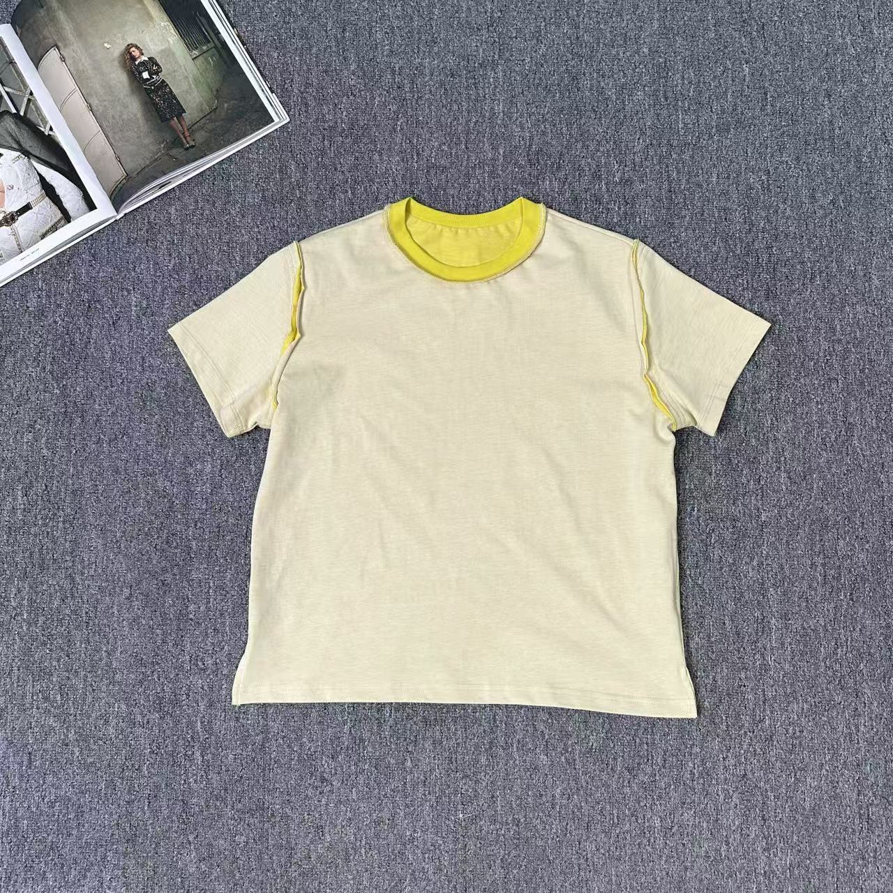 13219余小鱼 【柠檬茶】浅黄色领口拼色圆领下摆开叉百搭T恤女装