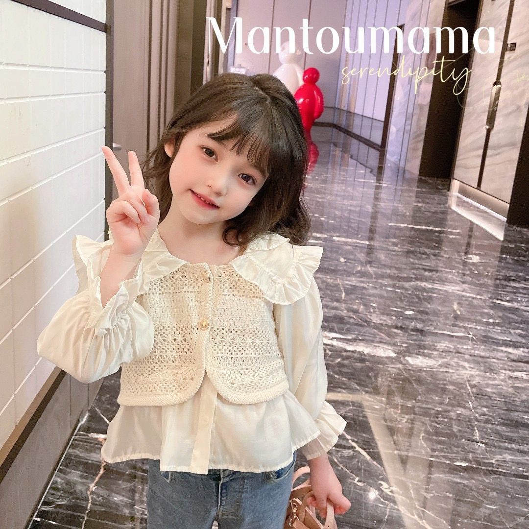 女童春夏季衬衫洋气蕾丝假两件2023新款洋气女宝宝时髦上衣