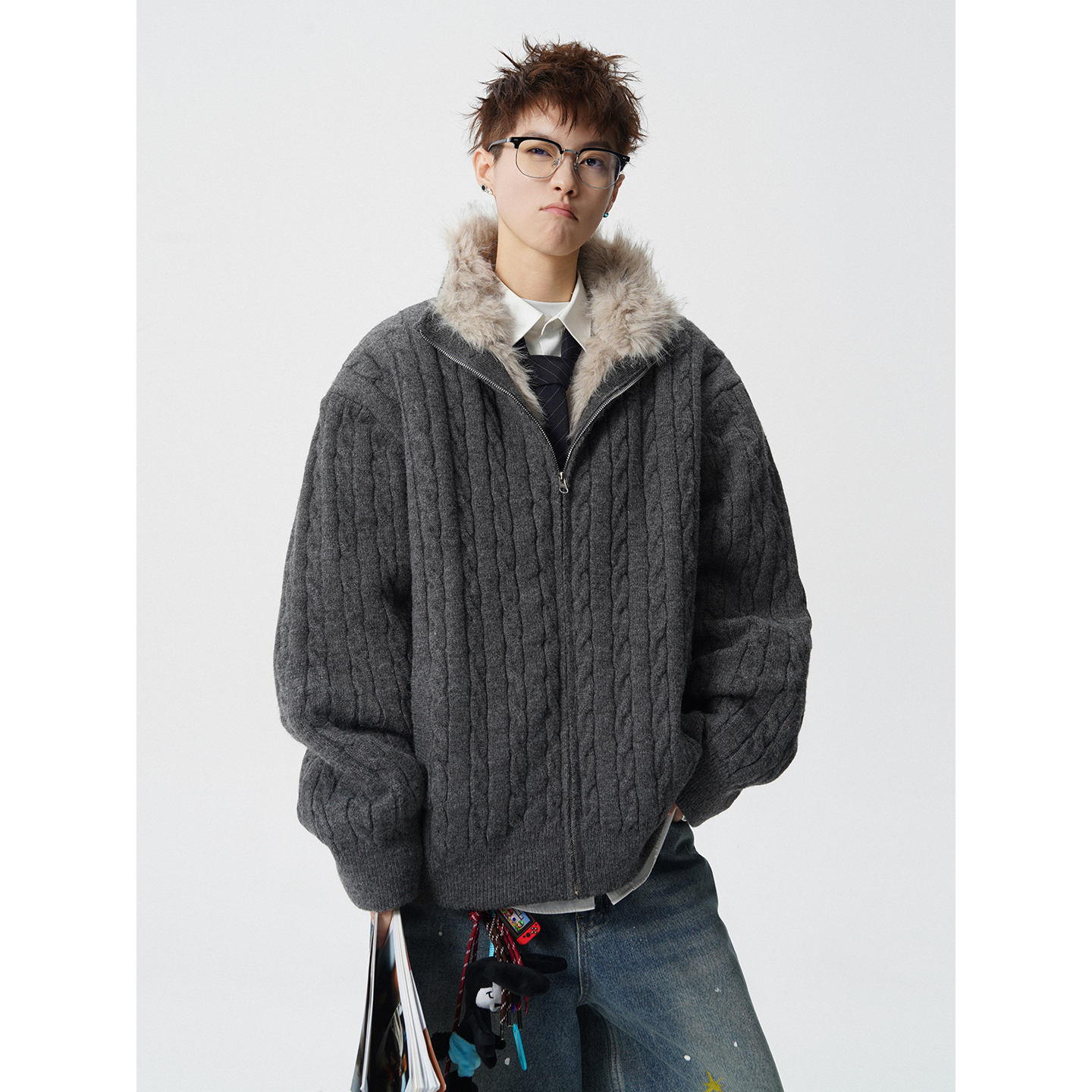 座山雕毛领冬季新款加绒保暖加厚麻花宽松男女可穿宽松夹克外套潮