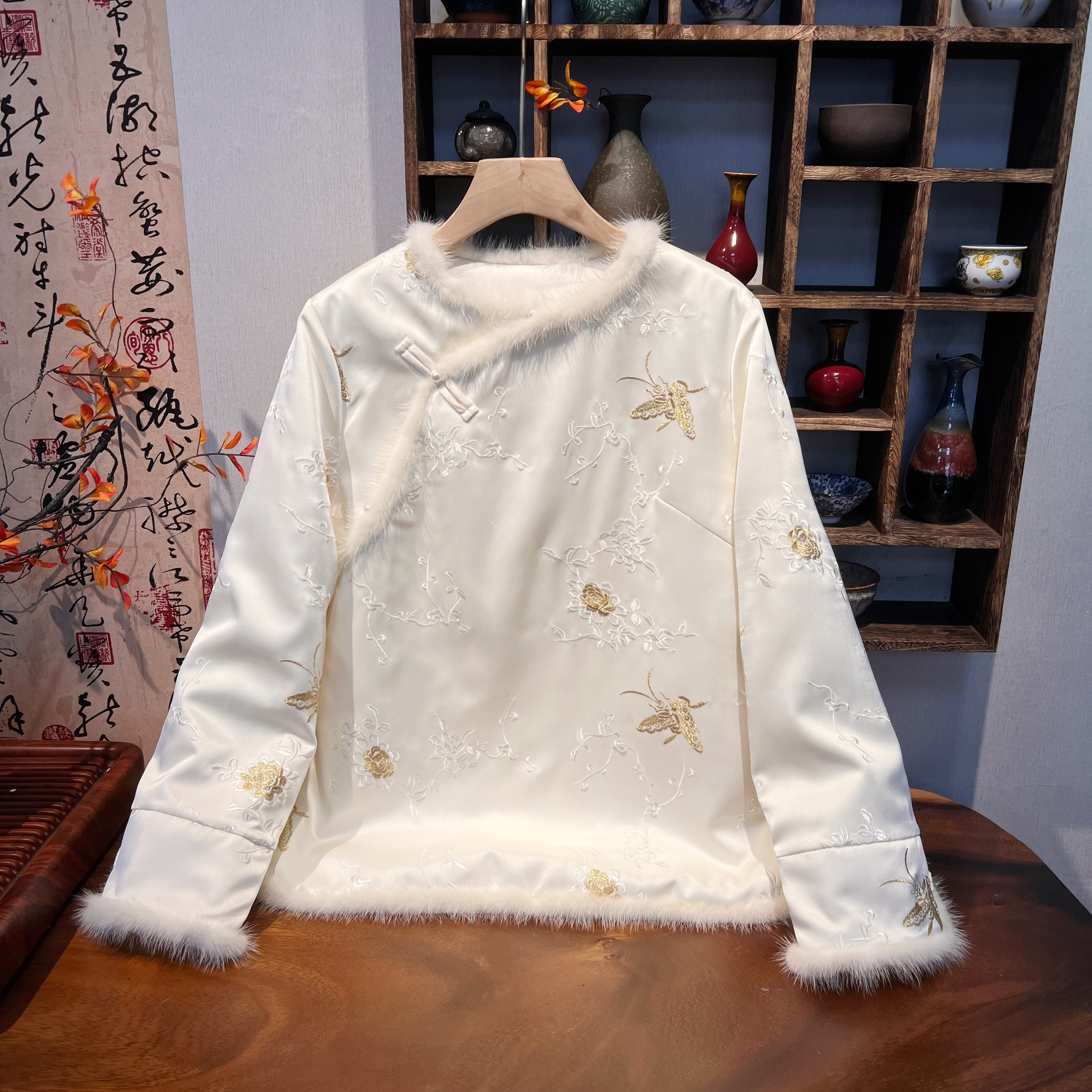 YUEZHE 水貂毛冬季重工刺绣棉服外套2025新中式时尚百搭上衣