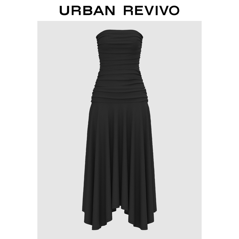 UR2025春季新款女装设计感一字领褶皱抹胸连衣裙UIY750013