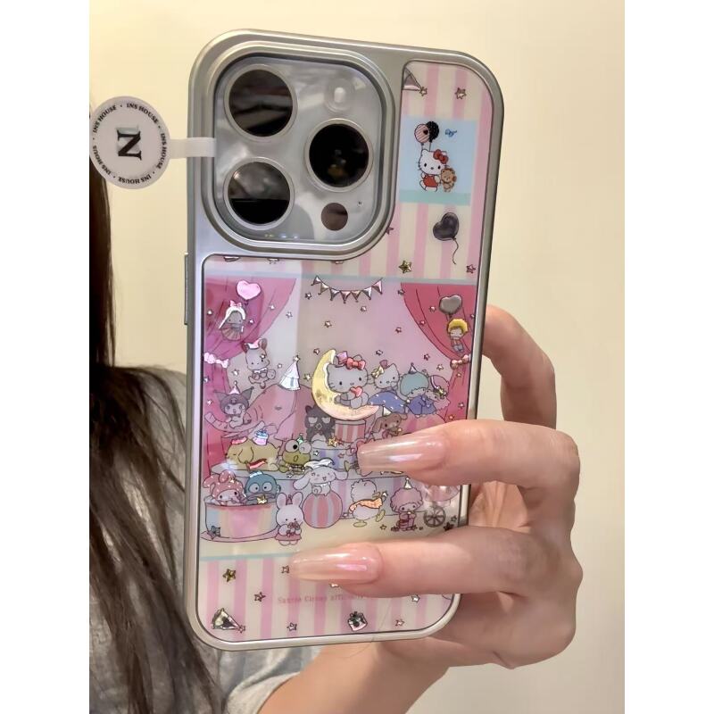 卡通粉条纹马戏团三丽鸥鎏金月亮适用iphone16promax苹果15手机壳