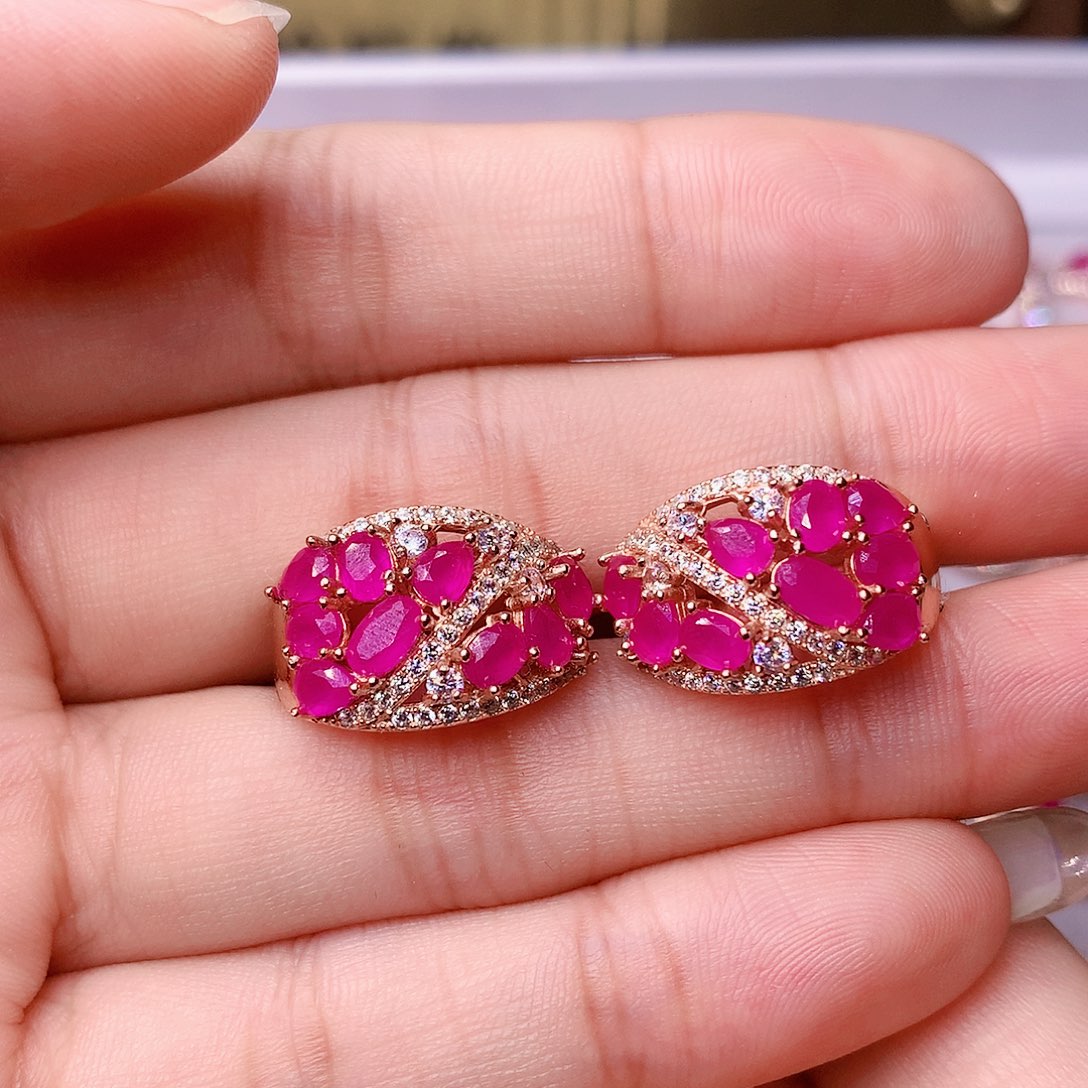 红宝石耳饰银S925镶嵌