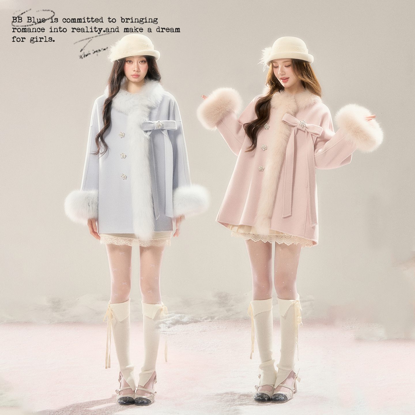 BB BLUE/雪国千金/25新定染色100%全羊毛真狐狸毛超好看毛呢外套