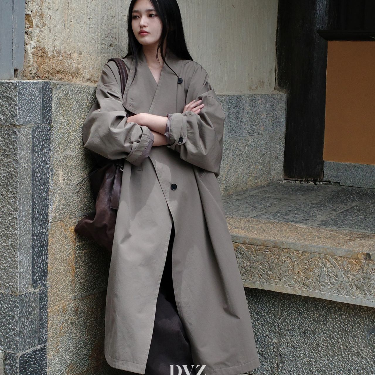 DVZ高品质风衣女2025秋季新款韩版大翻领宽松廓形收腰显瘦外套女