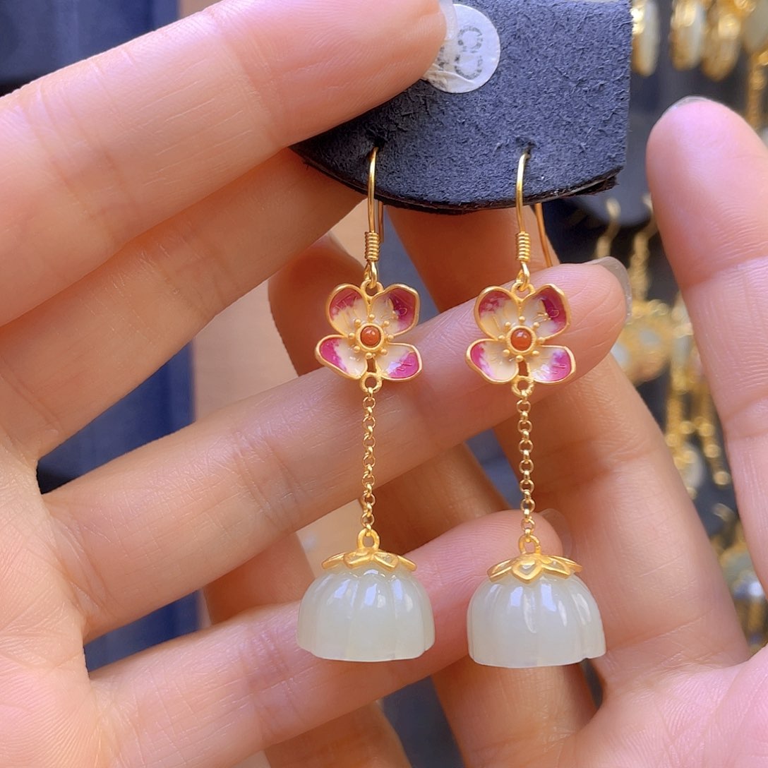 和田玉耳饰银S925镀金镶嵌