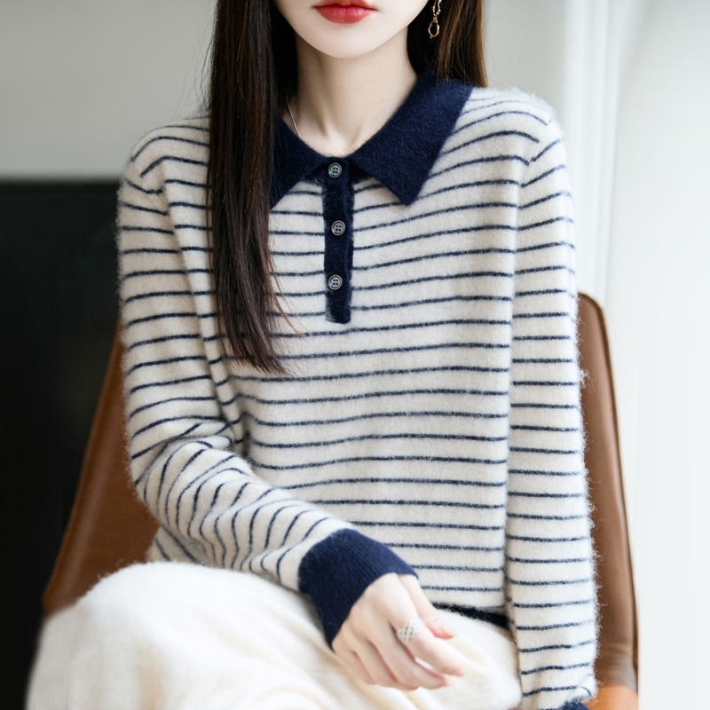 POLO领时尚条纹设计感宽松显瘦上衣女羊绒衫休闲长袖针织