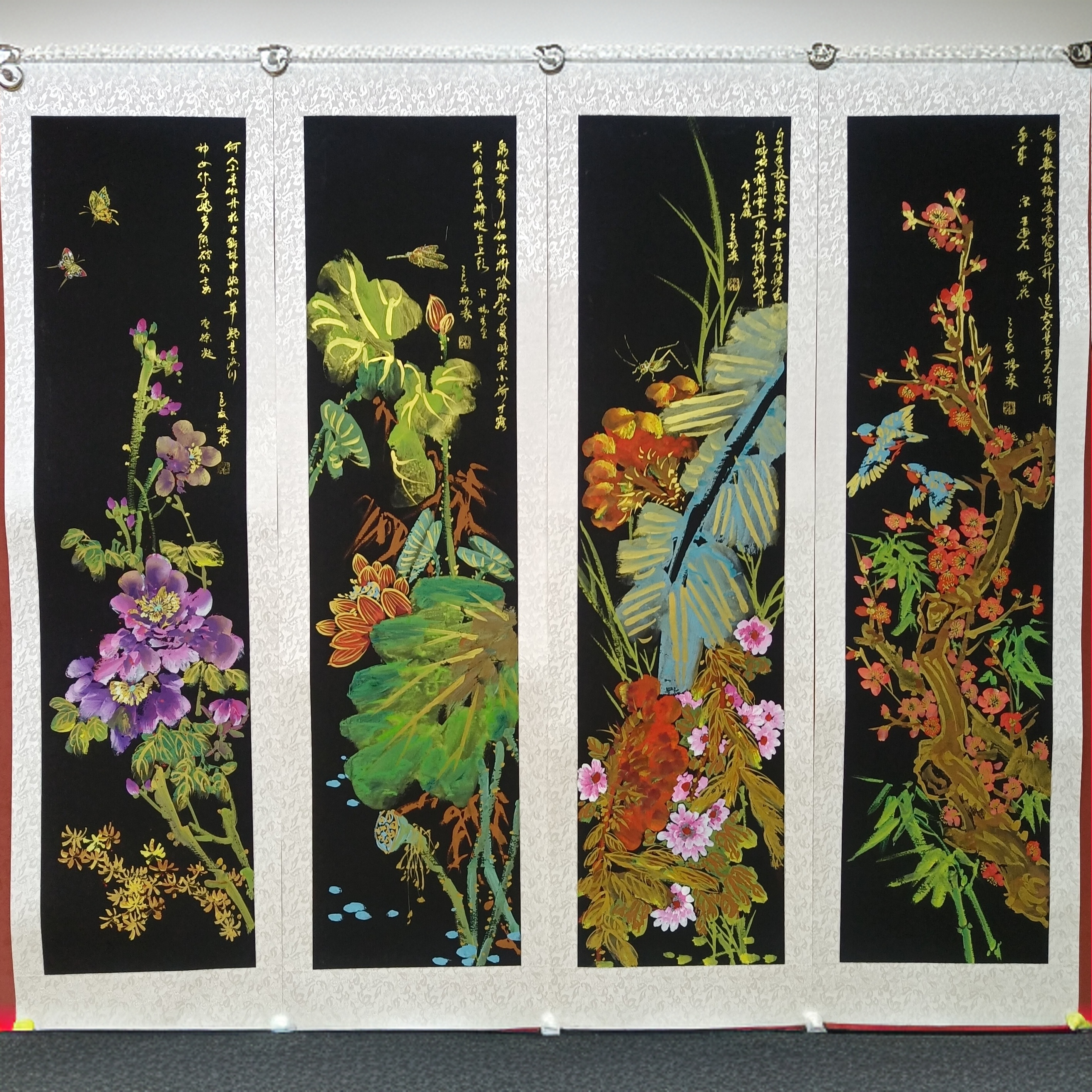 花鸟四条屏 杨森老师手绘作品字画书画
