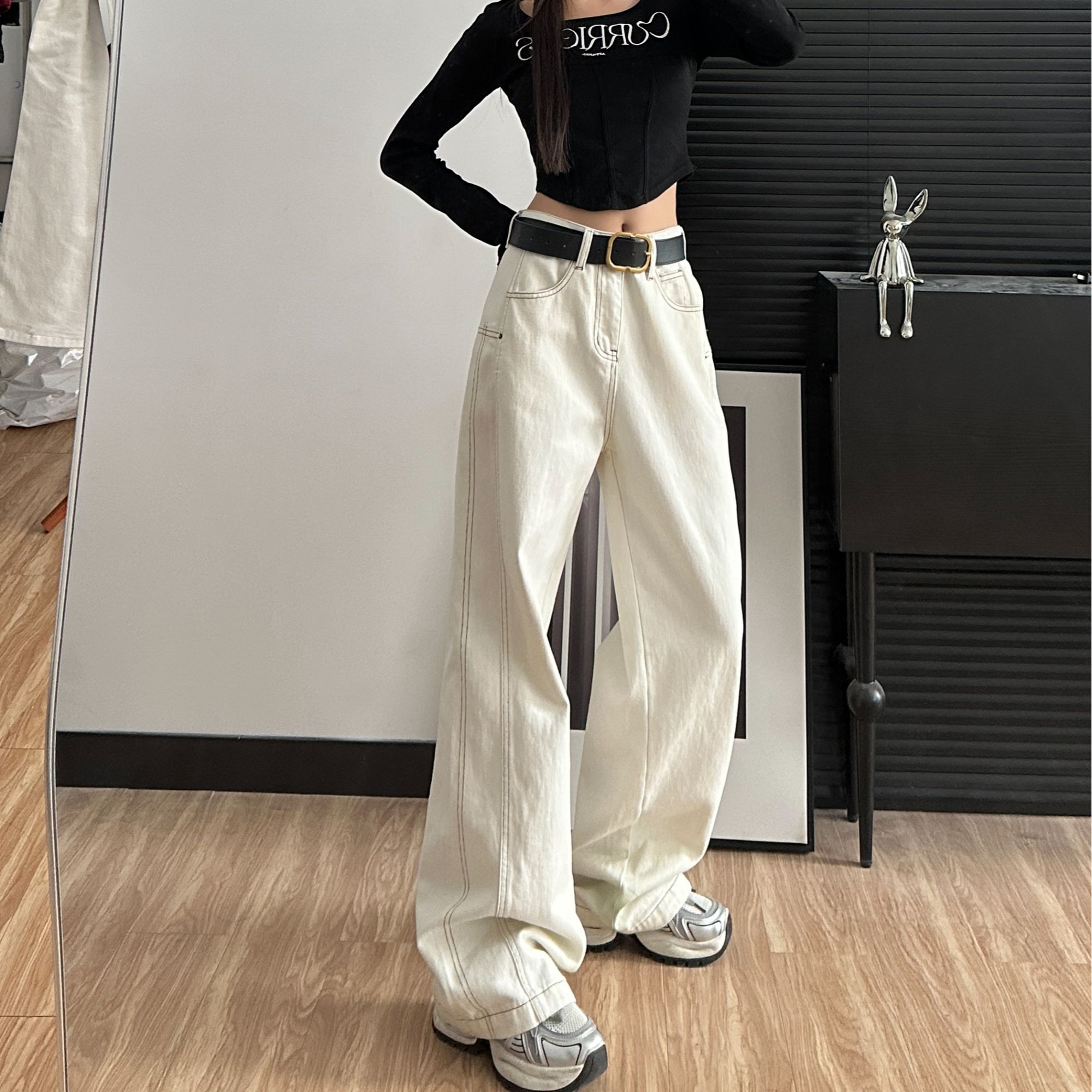 2025新款152小个子中腰直筒牛仔裤送腰带女宽松百搭裤0001