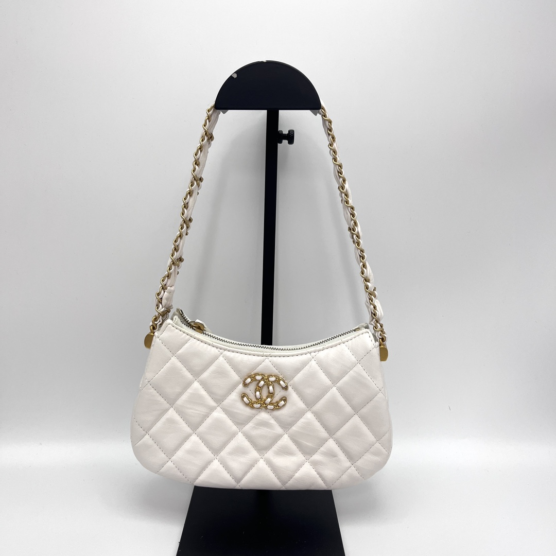 95新 Chanel/香奈儿 白金菱格纹单肩腋下hobo包 30910