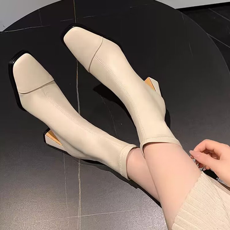 【红姐女鞋】法式短靴女高跟2025秋季新款薄绒粗跟气质后拉链廋廋靴