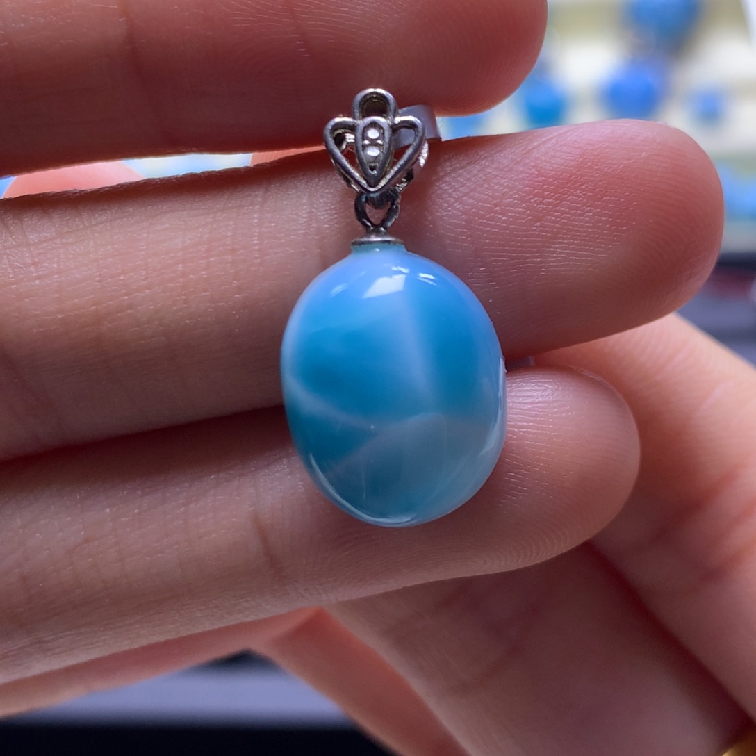 针钠钙石（海纹石）银S925镶嵌吊坠(不含链)蛋面吊坠色差略异