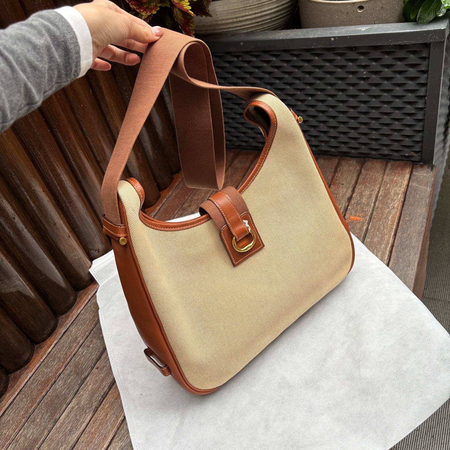 95新 Hermes/爱马仕 中古金棕拼帆布tasko 框B刻 肩带可调节
