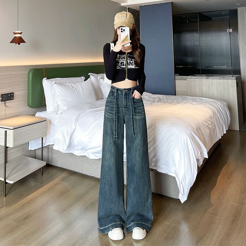 怀旧蓝阔腿牛仔裤女长裤春秋季新款高腰显瘦弹力小个子拖地裤子