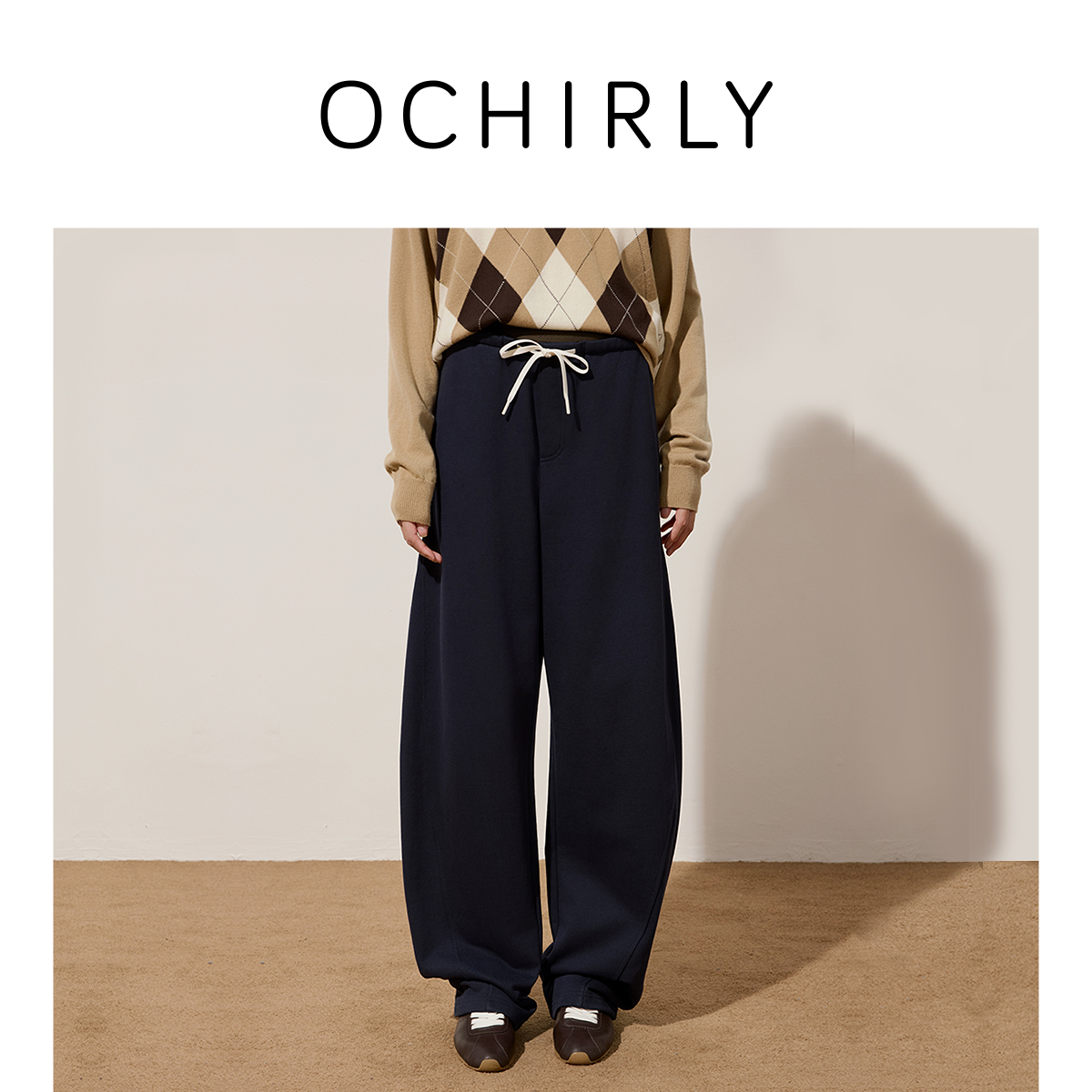 OCHIRLY欧时力 重磅纯棉弯刀裤女休闲卫裤显瘦抽绳秋冬新品