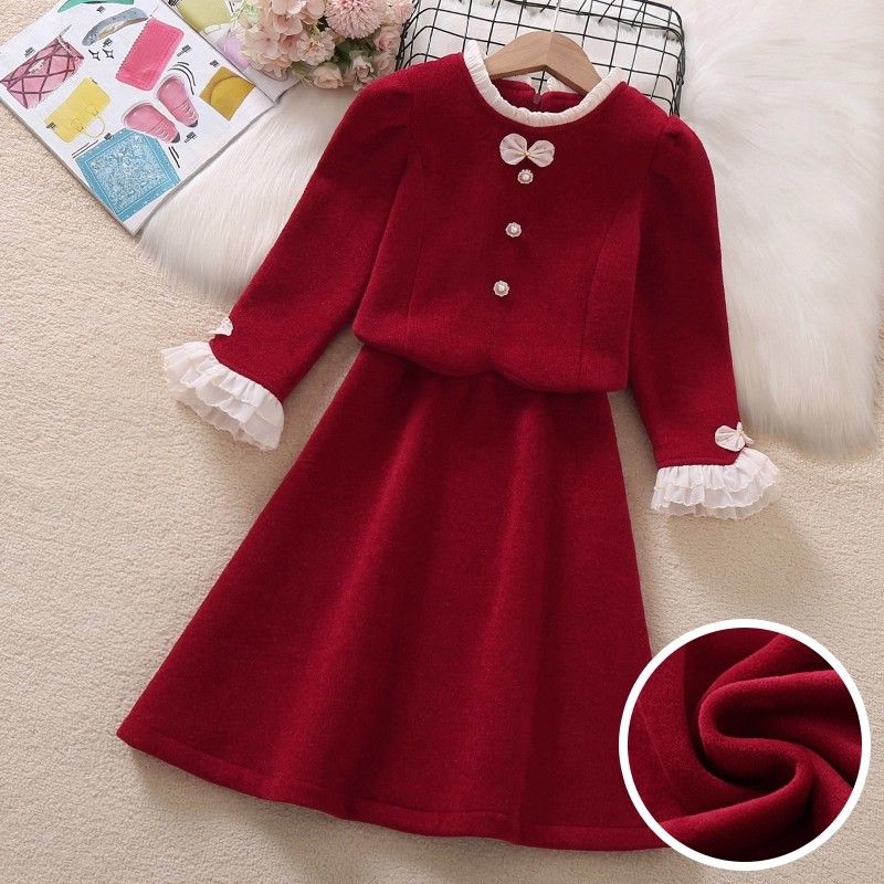 女童新年服套装裙2026马年新款加绒小香风拜年服洋气中大童两件套