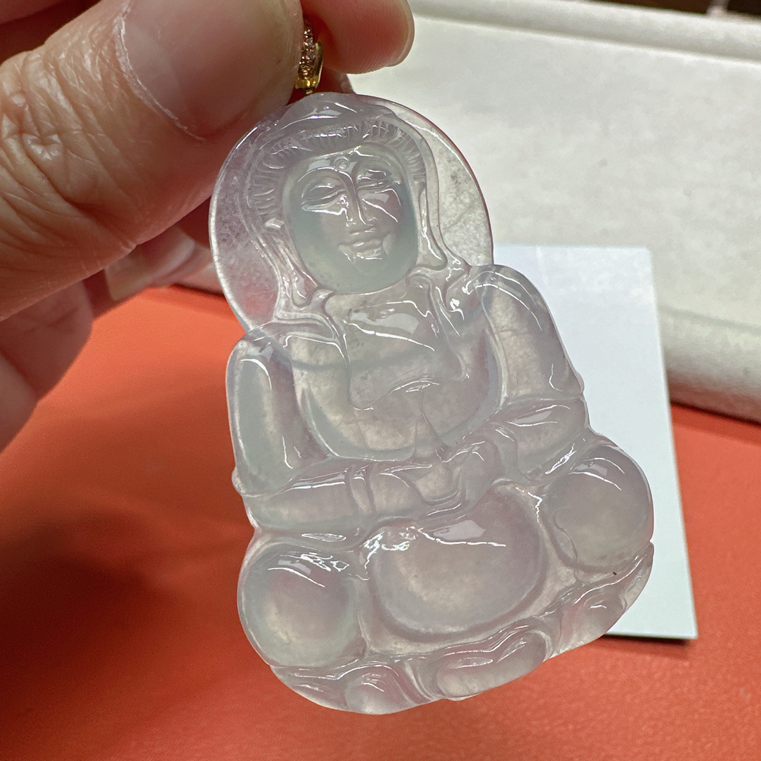 天然缅甸翡翠A货，18k冰种观音吊坠，尺寸54.5.37/6.6