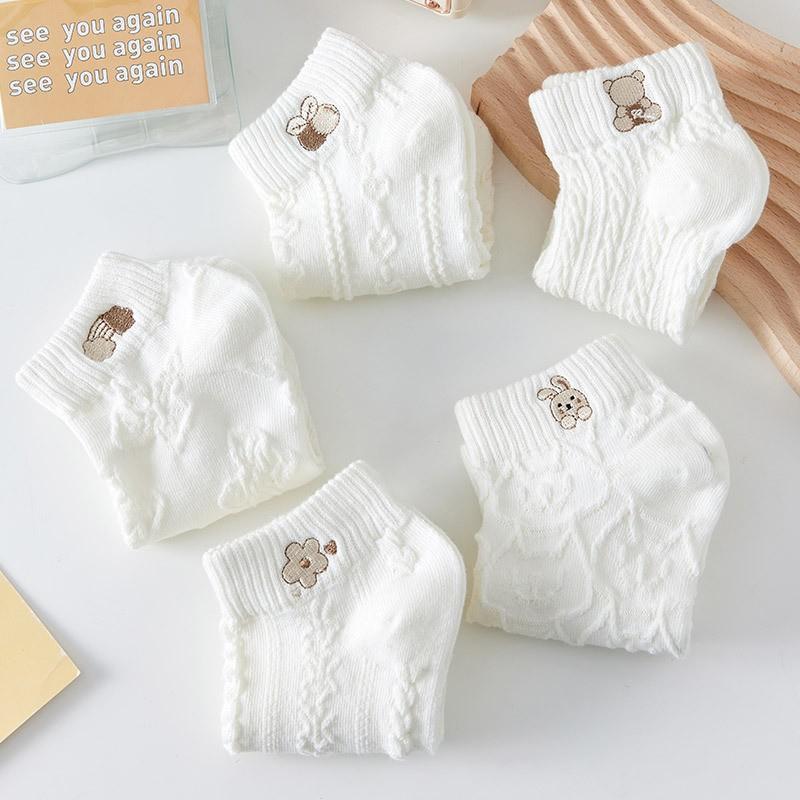 【包邮发5双】透气小白袜女百搭款 小熊短袜图案随机发