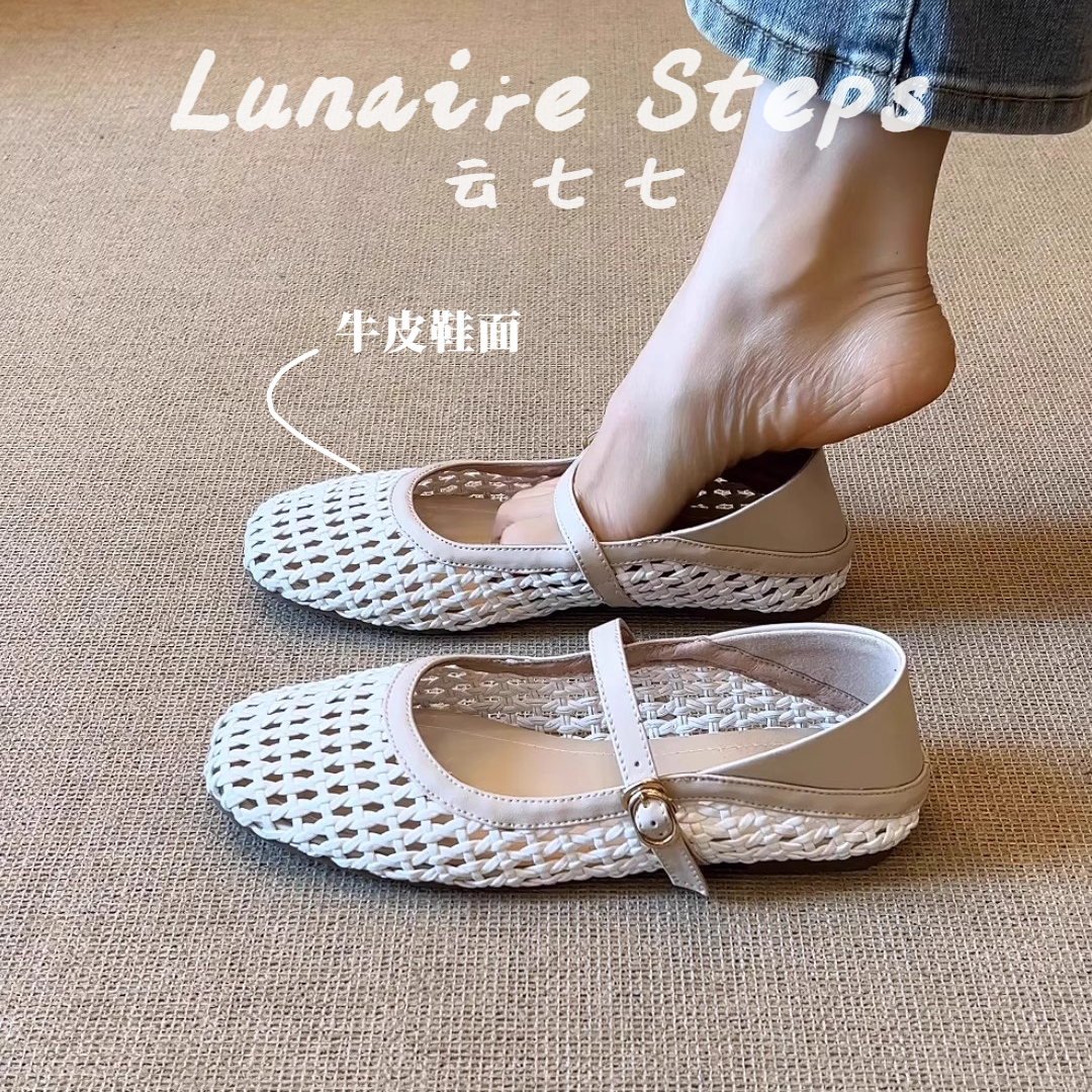 牛皮版！法式手工编织女鞋外穿镂空一字带凉鞋女包头鞋玛丽珍单鞋