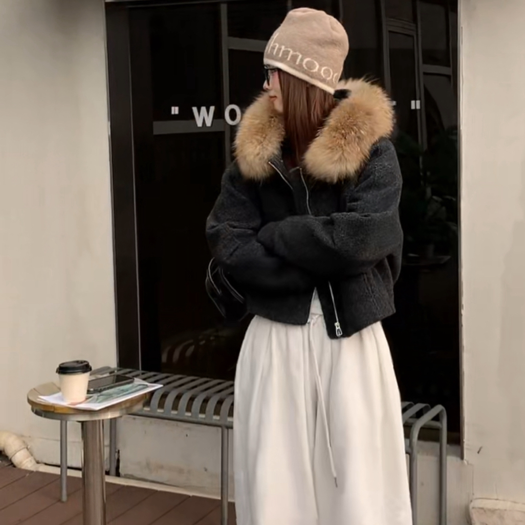 66189复古韩系毛领连帽短款羽绒外套