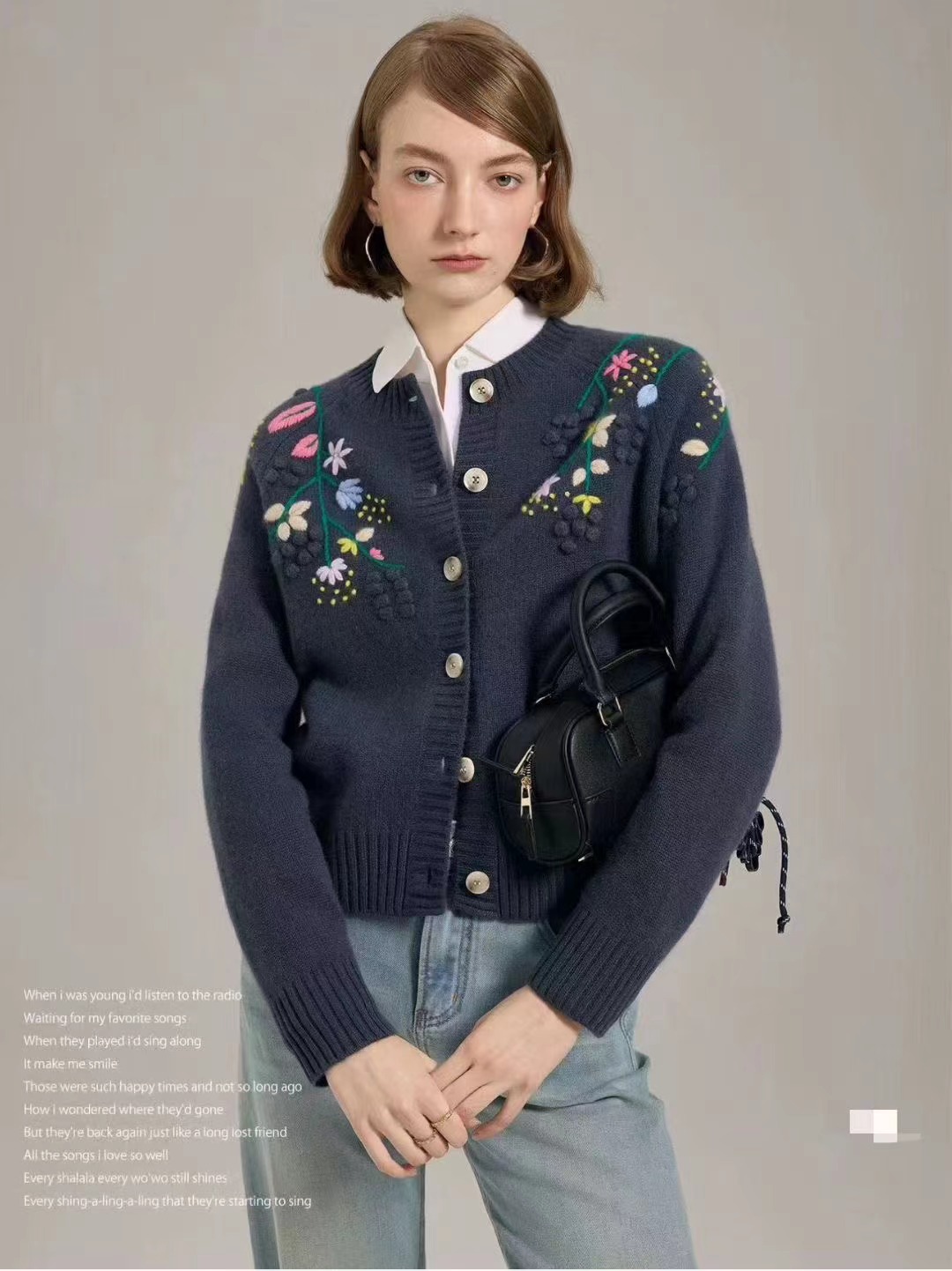法式复古100山羊绒重工手工绣花圆领针织开衫毛衣羊绒外套女秋冬