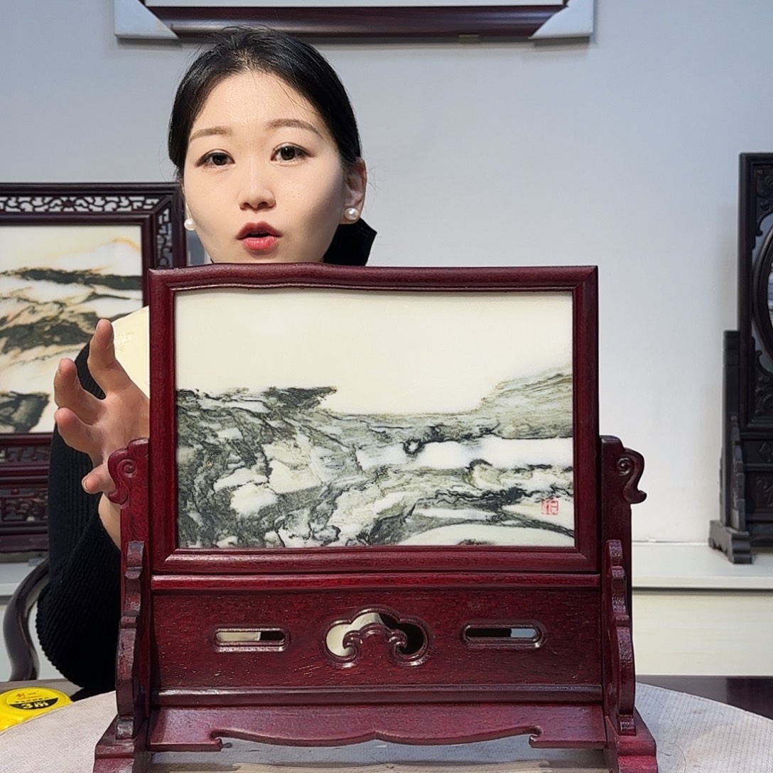 石材天然大理石画屏风摆件33×31