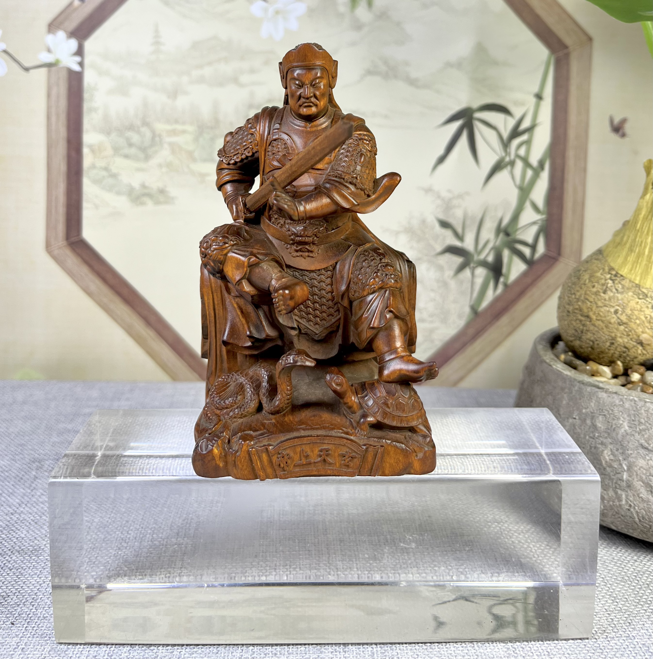 小叶黄杨木仿古做旧（真武大帝）坐姿摆件招财木雕复古怀旧工艺