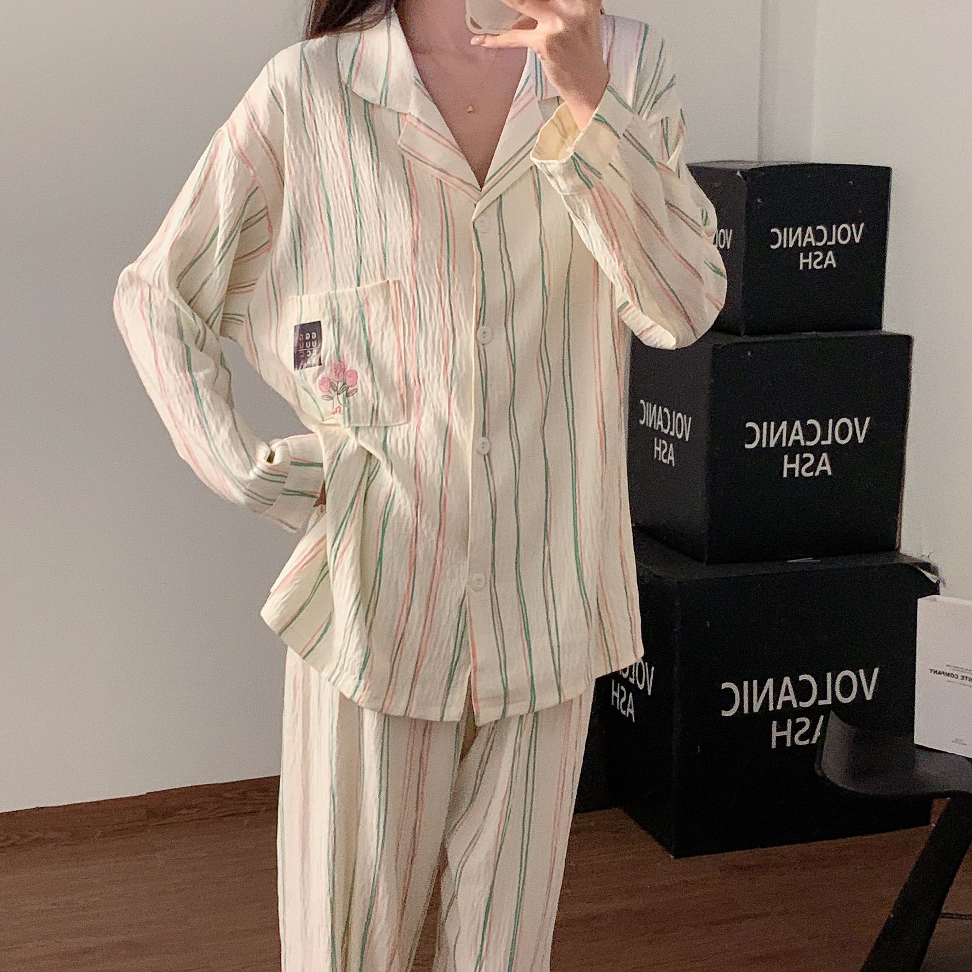 【玫瑰小花】可爱竖条睡衣女秋季韩系ins风学生长袖家居服女居家服