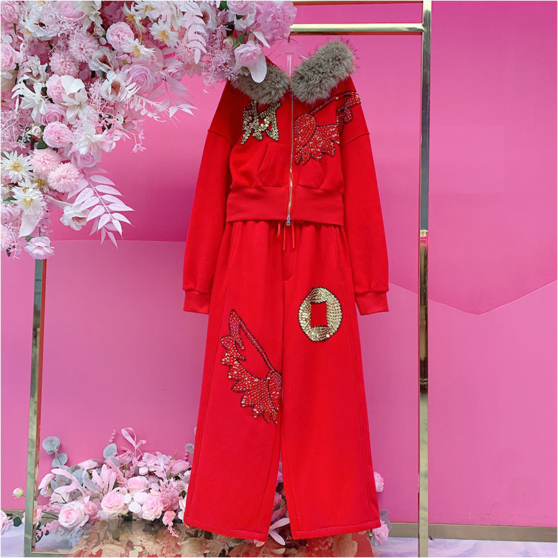 A5079欧美设计师2025冬季新款重工刺绣亮片加绒休闲卫衣时尚套装