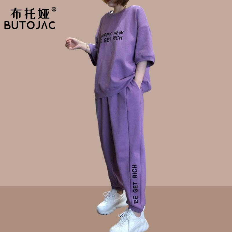 大码运动服套装女士2025夏新款休闲时尚短袖长裤洋气减龄时髦两件