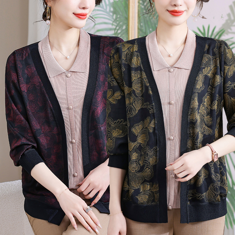 中老年女装春秋针织开衫外套洋气妈妈装春秋两件套老年人奶奶上衣