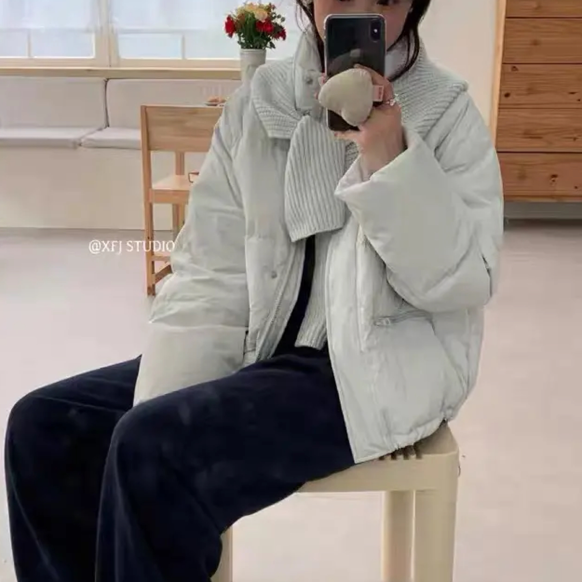 韩系围巾-短款冬季加厚保暖配连帽披肩围巾羽绒服
