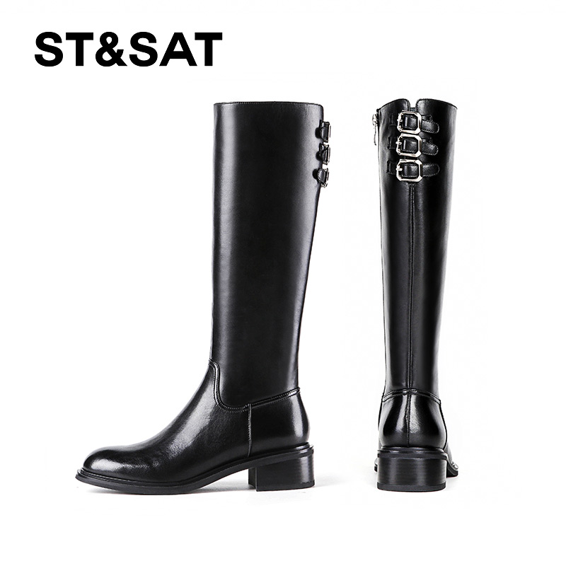  St&Sat/星期六全真皮2025冬季新款长筒靴女靴粗跟机车骑士靴