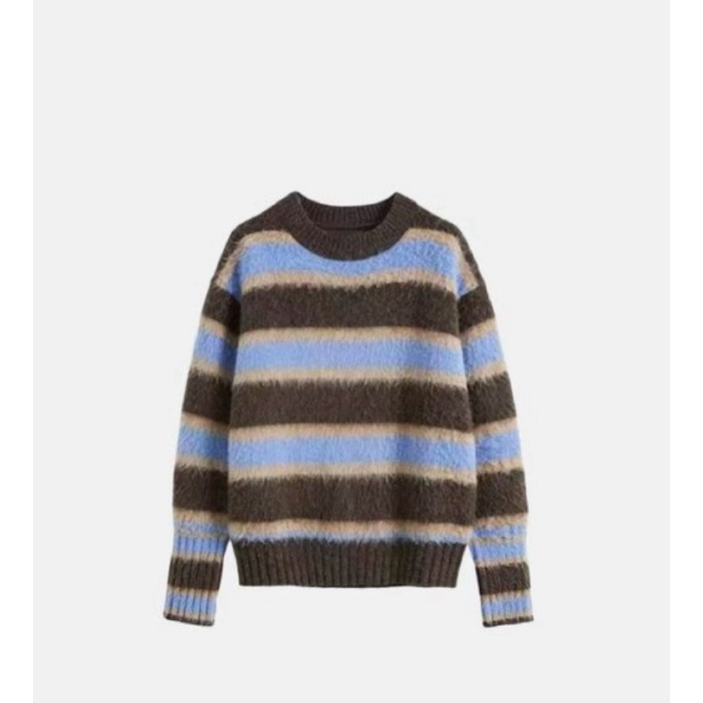 【董洁同款】秋冬火爆高级感撞色二次拉毛百搭时尚SS毛绒感条纹毛衣