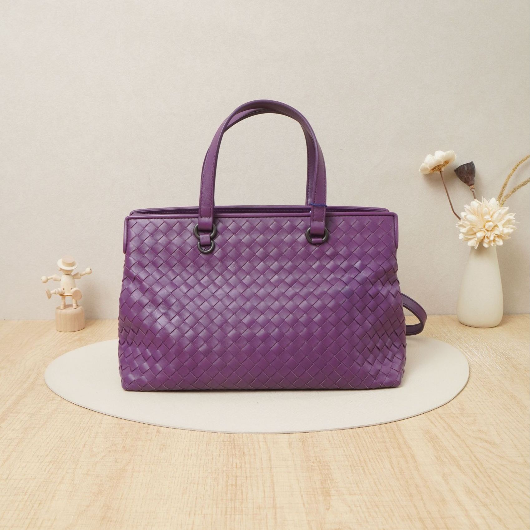 95新 BOTTEGA VENETA/葆蝶家 BV编织手提托特包紫色羊皮/DS043497
