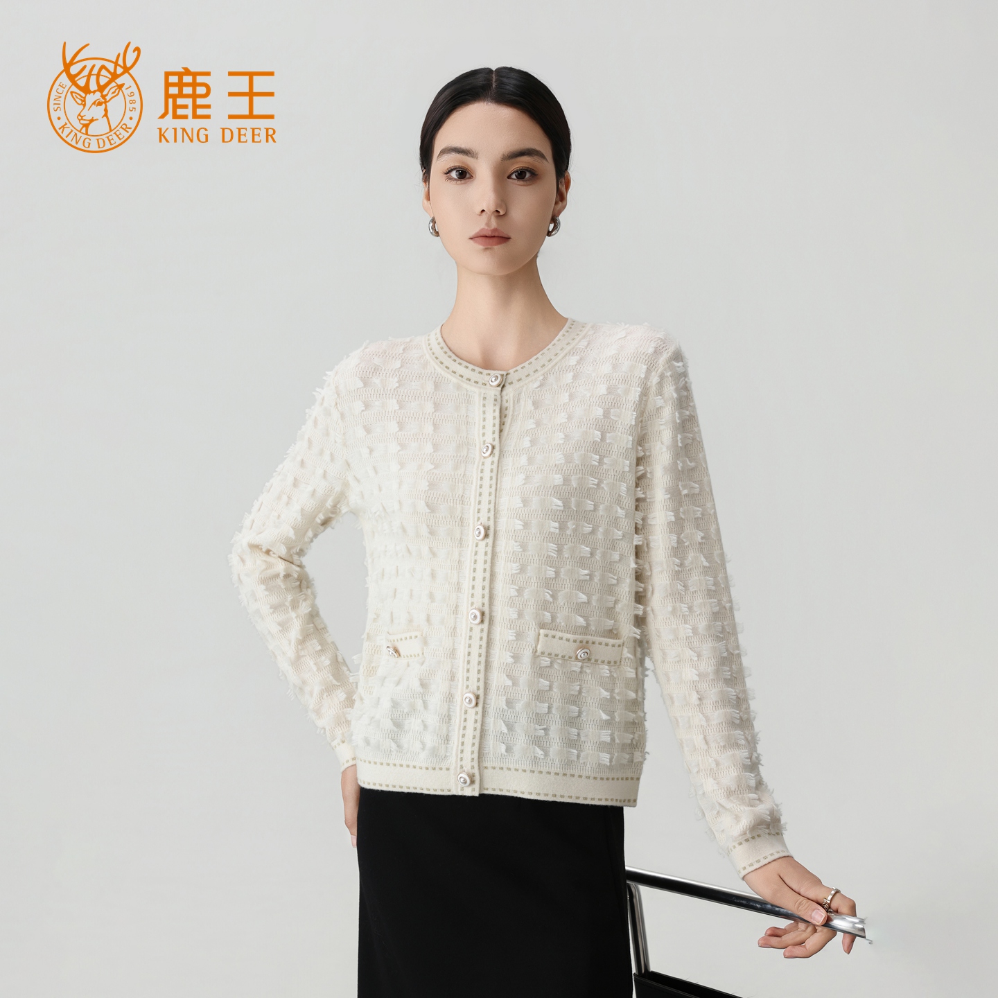 鹿王25秋冬新款女圆领100山羊绒小香风流苏开衫 加厚 4J9285