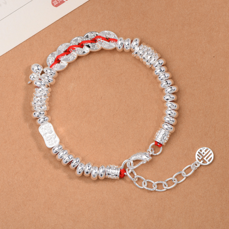 999.9五帝钱灵银盘缠手串手链新中式百搭手链银