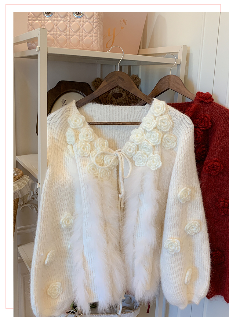 【裘羽衣橱】玫瑰来信-立体花朵狐狸毛针织开衫温柔风V领系带上衣