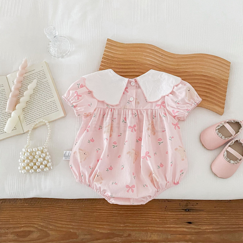 女宝宝夏季薄款短袖连体衣公主哈衣棉质婴儿衣服满月百天爬服女童